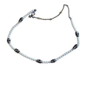 Dalmata D Skull Freshwater Pearl Necklace Goth Rockabilly Stainless Steel 17"